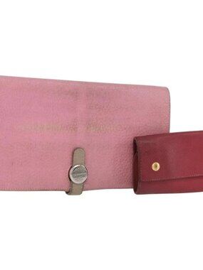 HERMES Wallet Leather 2 Set Red Pink Auth bs33530